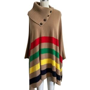 NWT Lauren Ralph Lauren Striped Wool Blend Poncho Camel S/M